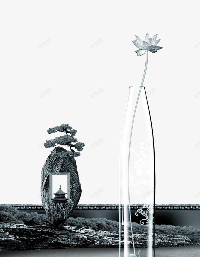 中国风水墨荷花花瓶png免抠素材_新图网 https://ixintu.com 中国风水墨荷花花瓶 传统 商业元素 地产元素 石头 迎客松