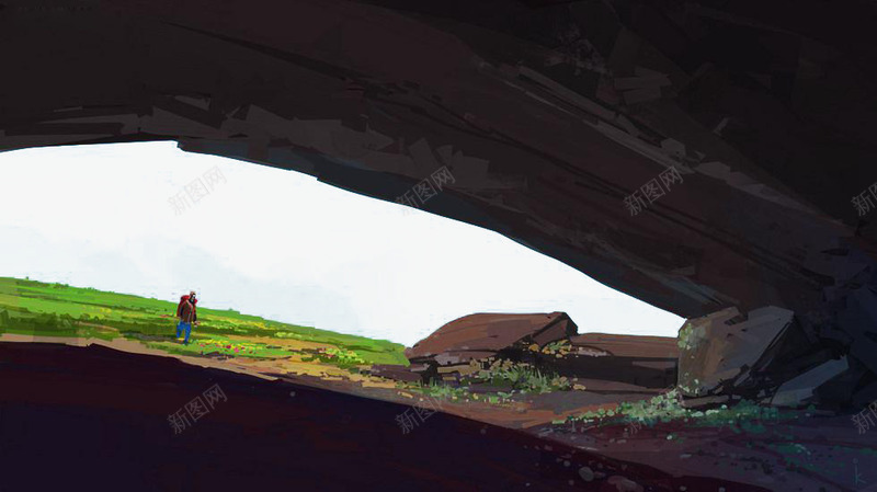 风景插画png免抠素材_新图网 https://ixintu.com 山洞 石头 草地 风景插画