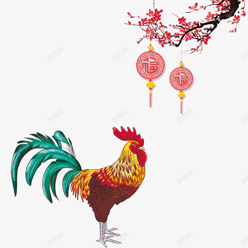 2017psd免抠素材_新图网 https://ixintu.com 公鸡 新年 梅花 福字