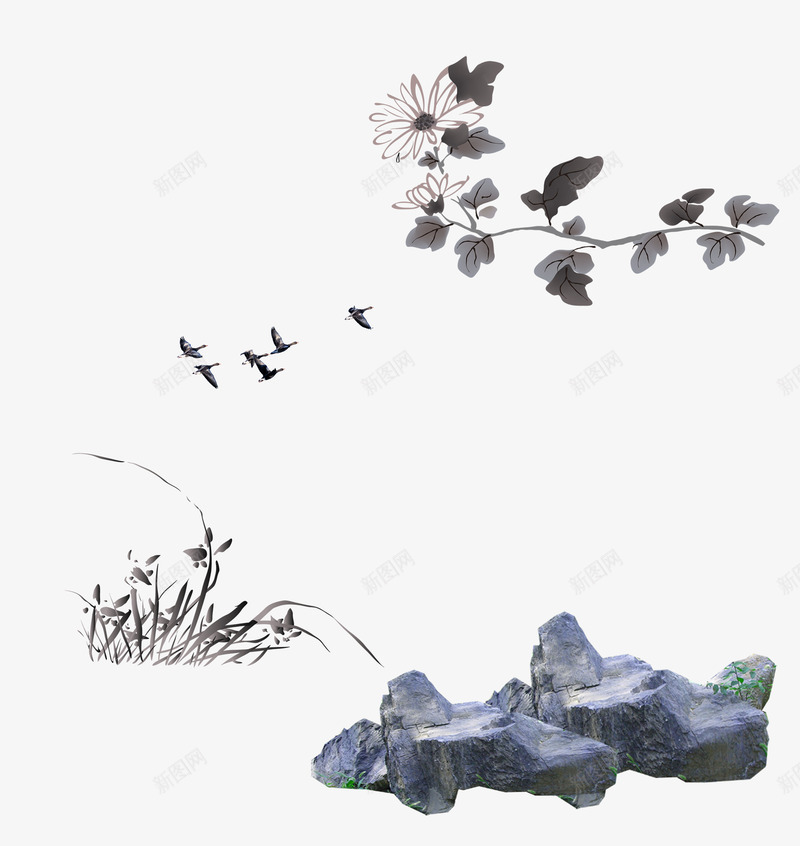 装饰石头花草鸟png免抠素材_新图网 https://ixintu.com 中国风 花草鸟石头 装饰元素