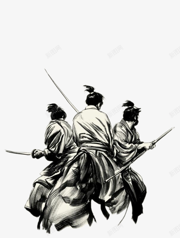 三武士png免抠素材_新图网 https://ixintu.com 卡通手绘 日本 武士 黑白