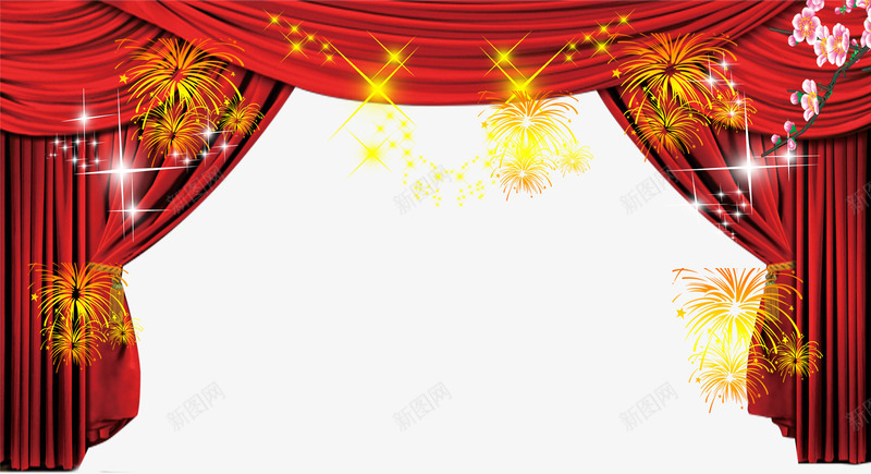 幕布烟花png免抠素材_新图网 https://ixintu.com 帘子 幕布 梅花 灯光 烟花 红色
