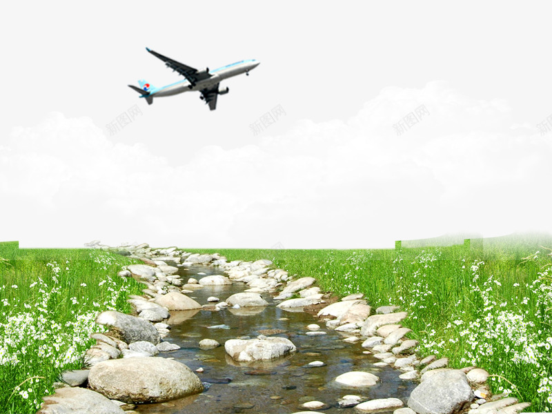 天空上的飞机png免抠素材_新图网 https://ixintu.com 上空 天空上的飞机 小溪 草地 飞机
