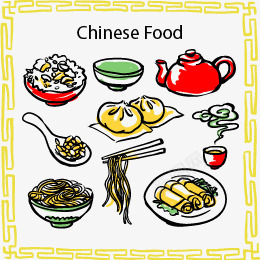手绘彩色美食矢量图ai免抠素材_新图网 https://ixintu.com 包子 彩色 手绘 美食 茶壶 面条 矢量图