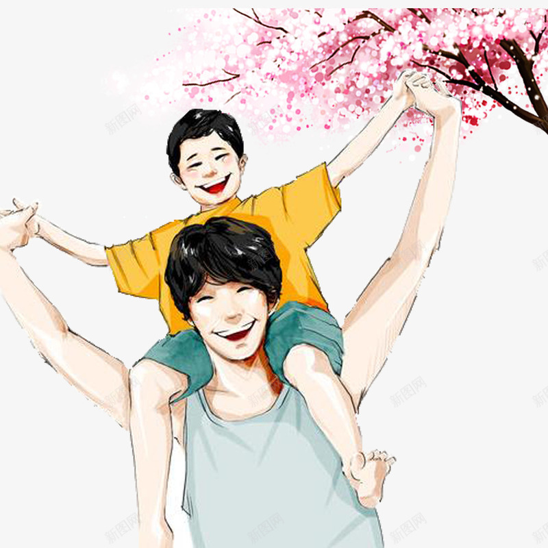 卡通手绘驮着孩子的爸爸psd免抠素材_新图网 https://ixintu.com 卡通 手绘 梅花树装饰 驮着孩子的爸爸 高兴的孩子 高兴的爸爸