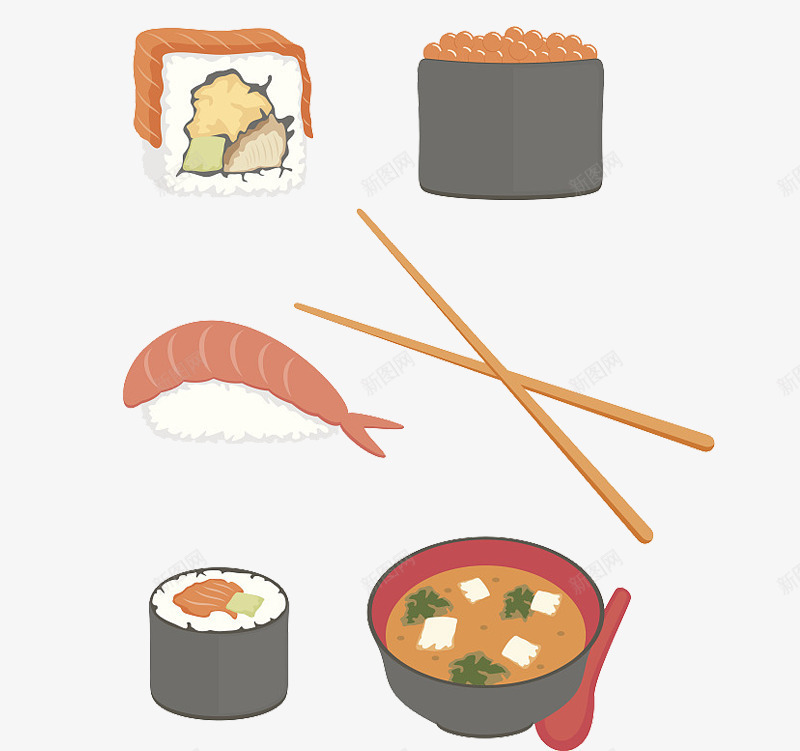 日本料理装饰插图png免抠素材_新图网 https://ixintu.com 三文鱼 味增汤 寿司 寿司卷 日本料理 日餐 装饰插图