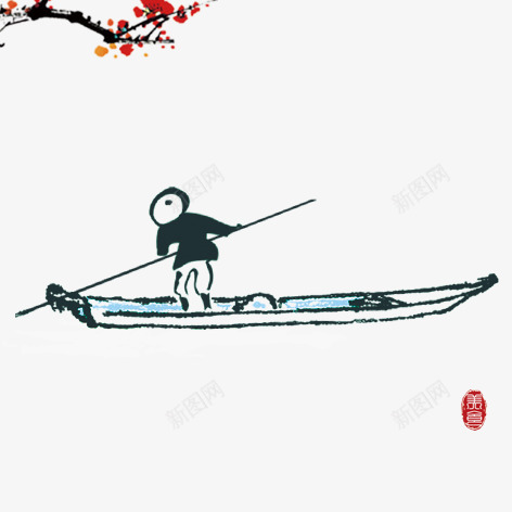 水墨小船png免抠素材_新图网 https://ixintu.com 人物 小船 梅花 水墨 装饰