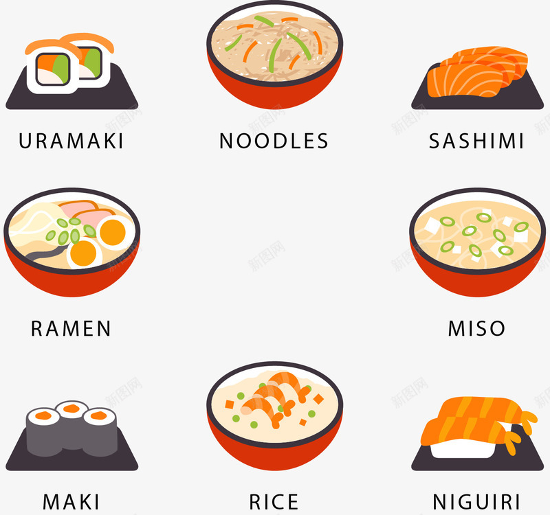 手绘日本料理png免抠素材_新图网 https://ixintu.com 卡通 寿司 手绘 面条 饭团