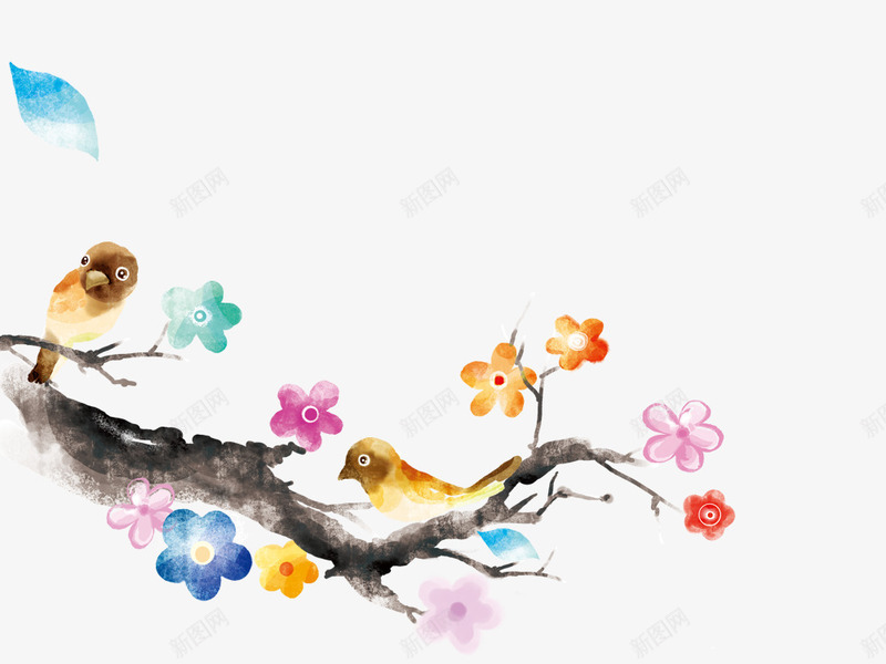 梅花中国风psd免抠素材_新图网 https://ixintu.com 中国风 小鸟 梅花 水墨 花丛