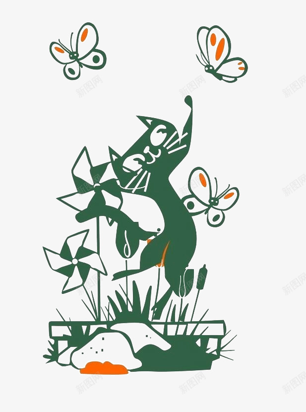 卡通动物插画png免抠素材_新图网 https://ixintu.com 卡通 卡通动物 手绘 手绘猫 插画 漫画 漫画动物 潮流 石头 绿色蝴蝶 蝴蝶 风车