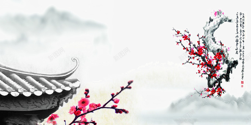 中国风装饰画png免抠素材_新图网 https://ixintu.com 古典 屋檐 树枝 梅花