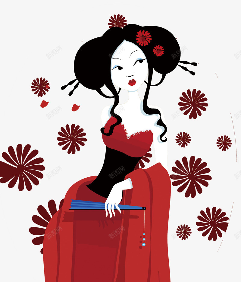 红色日本艺妓矢量图eps免抠素材_新图网 https://ixintu.com 卡通 手绘 日本 矢量艺妓 艺妓 艺妓PNG矢量图 艺妓免扣PNG图 花朵 矢量图