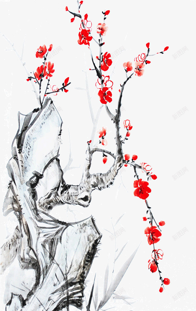 水墨画梅花png免抠素材_新图网 https://ixintu.com 梅花 水墨画 红色 腊梅