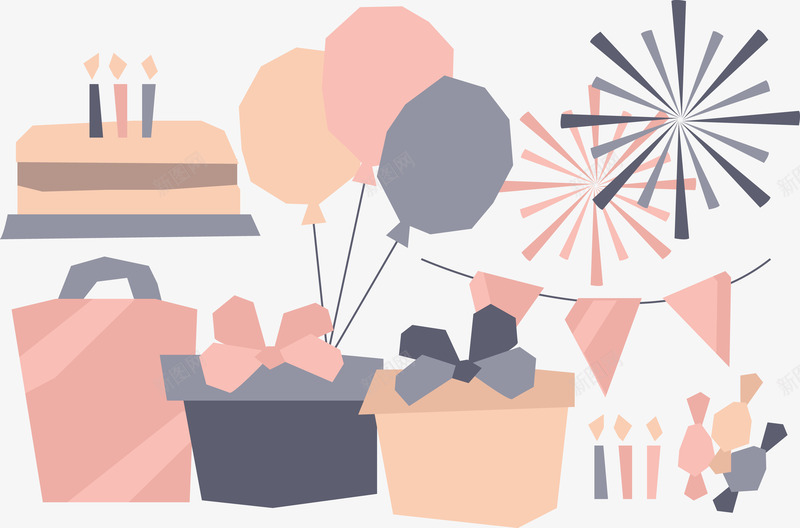 生日聚会用品png免抠素材_新图网 https://ixintu.com 烟花 生日蛋糕 礼物盒 糖果 蝴蝶结 装饰气球