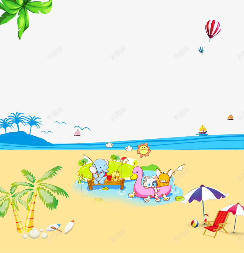 卡通创意夏季海滩旅游插画psd免抠素材_新图网 https://ixintu.com 卡通手绘 大海 插画 旅游 椰树 海报 海滩