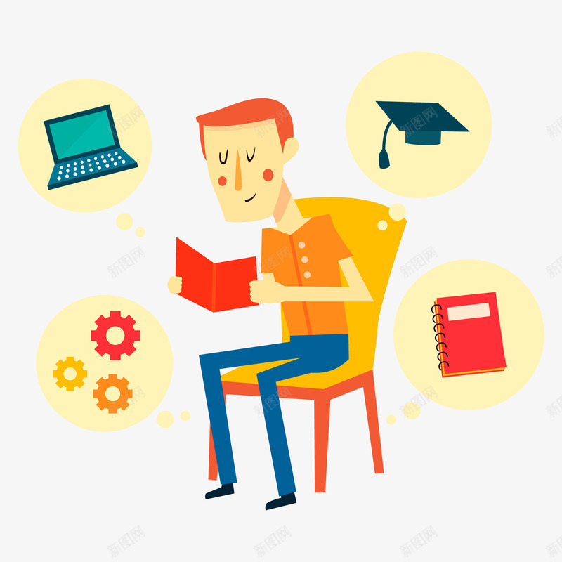 教育背景与男孩阅读矢量图ai免抠素材_新图网 https://ixintu.com 博士帽 卡通人物 学习 本子 电脑 男孩 矢量人物 读书 读书日 齿轮 矢量图