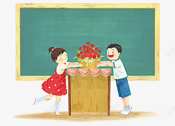 感恩教师节png免抠素材_新图网 https://ixintu.com 卡通人物送花 卡通手绘 教育 爱心 花束 装饰 送花的小孩 黑板