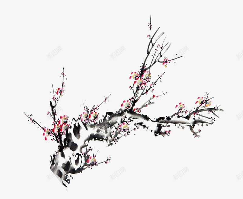 国画梅花png免抠素材_新图网 https://ixintu.com 中国风 梅枝 梅花 粉红