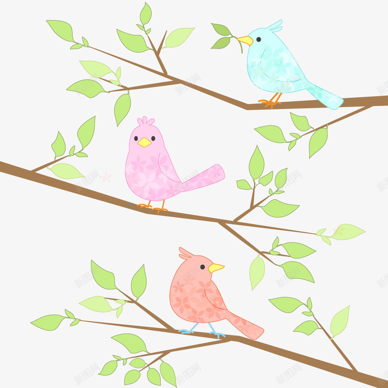 彩绘小鸟png免抠素材_新图网 https://ixintu.com 动物 卡通 小鸟 平面 彩色 手绘 枝叶 枝条 树叶 树枝
