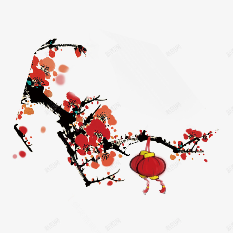 红色梅花植物元素psd免抠素材_新图网 https://ixintu.com 传统 喜庆 春节 水墨 灯笼 红色 绘画 自然 节日