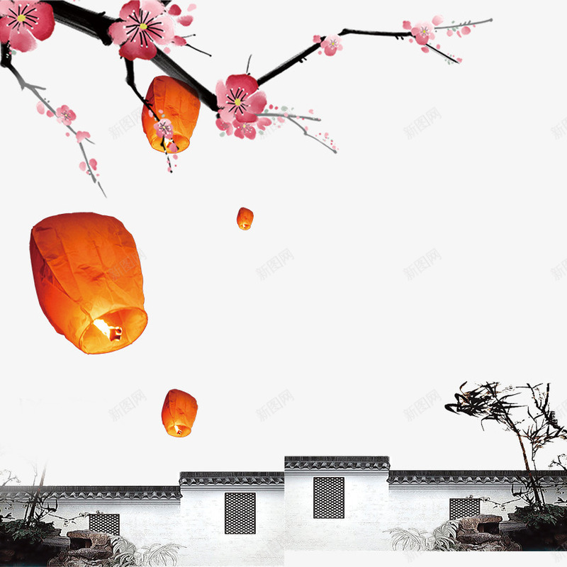 中国风png免抠素材_新图网 https://ixintu.com 中国风 梅花 竹子 院墙