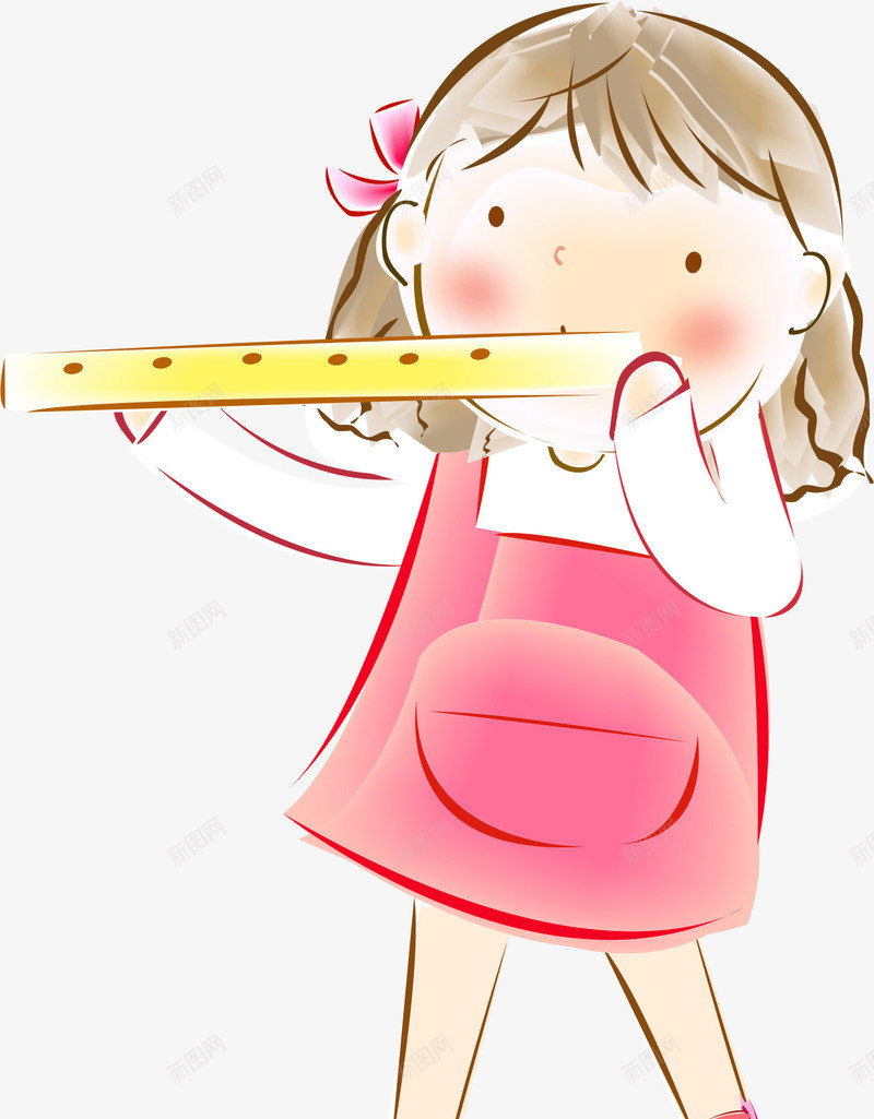 吹笛的女孩png免抠素材_新图网 https://ixintu.com 卡通 可爱 女孩 手绘 插画 笛子 粉红 粉色 线条 音乐