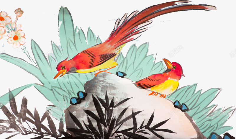中国风水墨小鸟春季海报插画png免抠素材_新图网 https://ixintu.com 中国风 动物 小鸟 插画 春季 水墨 石头 美术