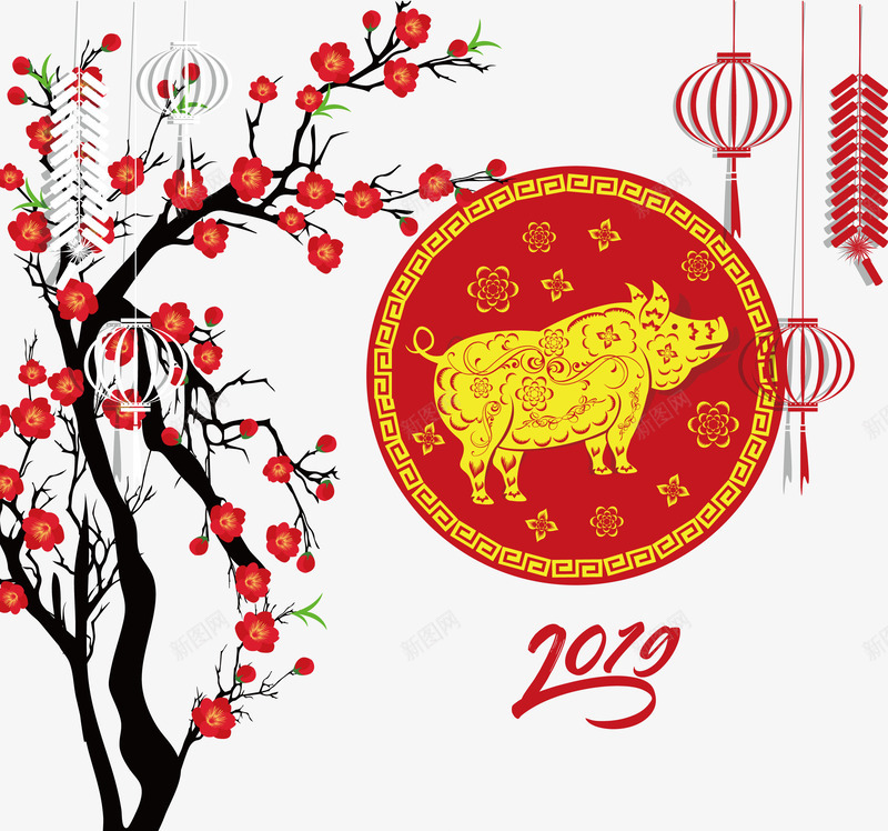 红色的梅花和鞭炮矢量图eps免抠素材_新图网 https://ixintu.com 动物 动物png 动物矢量图 梅花 鞭炮 矢量图