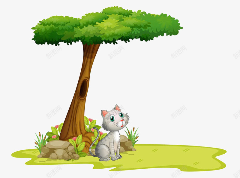 卡通树下的猫png免抠素材_新图网 https://ixintu.com 免抠猫 卡通 树下的猫 石头