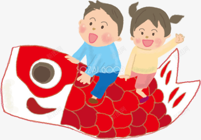 骑着鲤鱼旗的小男孩小女孩png免抠素材_新图网 https://ixintu.com 五月五日 儿童 和风 日本传统图案鲤鱼 日本文化 日本鱼旗 男孩节 端午节 鲤鱼旗