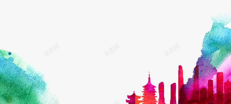彩绘墨迹高楼剪影psd免抠素材_新图网 https://ixintu.com 彩绘墨迹 教育 海报背景 美术培训 高楼剪影