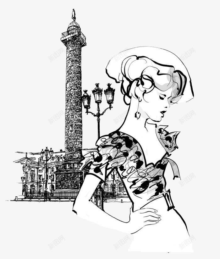 手绘欧洲古典美女png免抠素材_新图网 https://ixintu.com 创意手绘 尖塔 美女