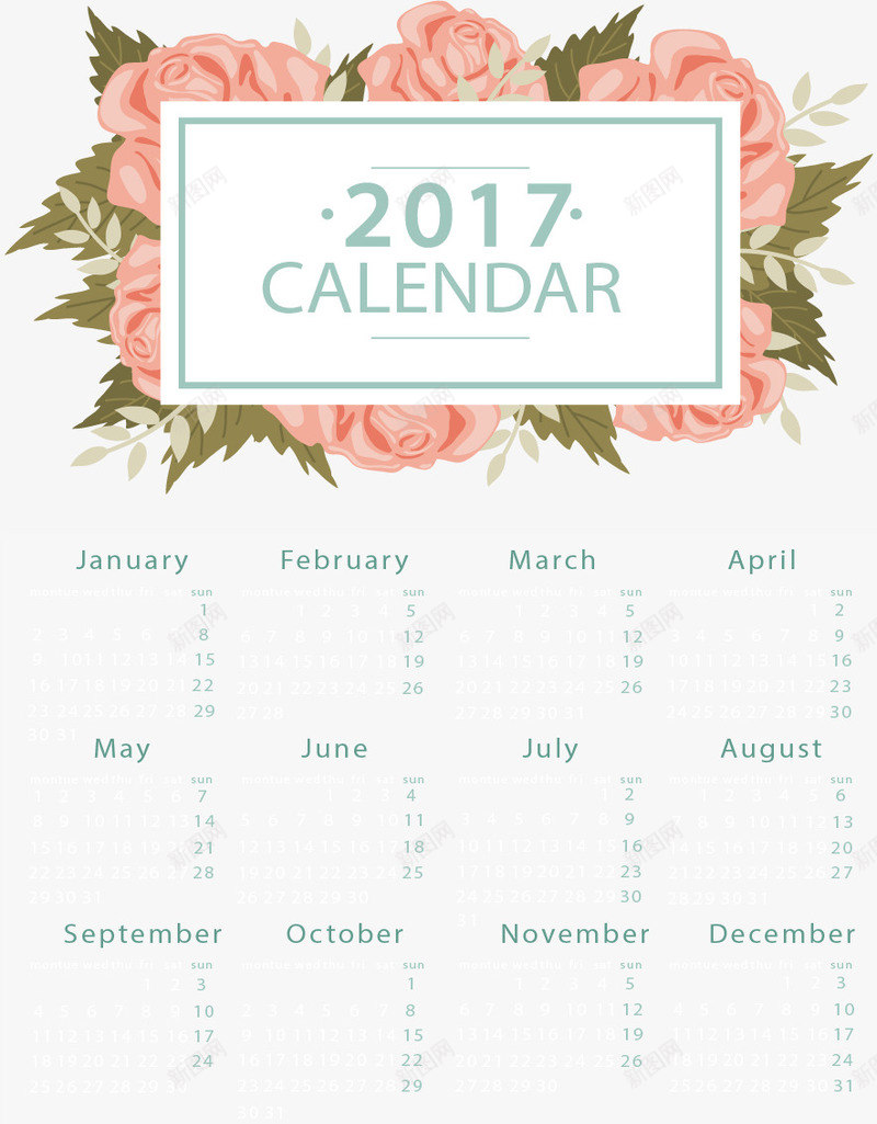 浪漫玫瑰花背景2017日历矢量图eps免抠素材_新图网 https://ixintu.com 2017年 日历 浪漫 玫瑰花 矢量素材 粉红色 矢量图