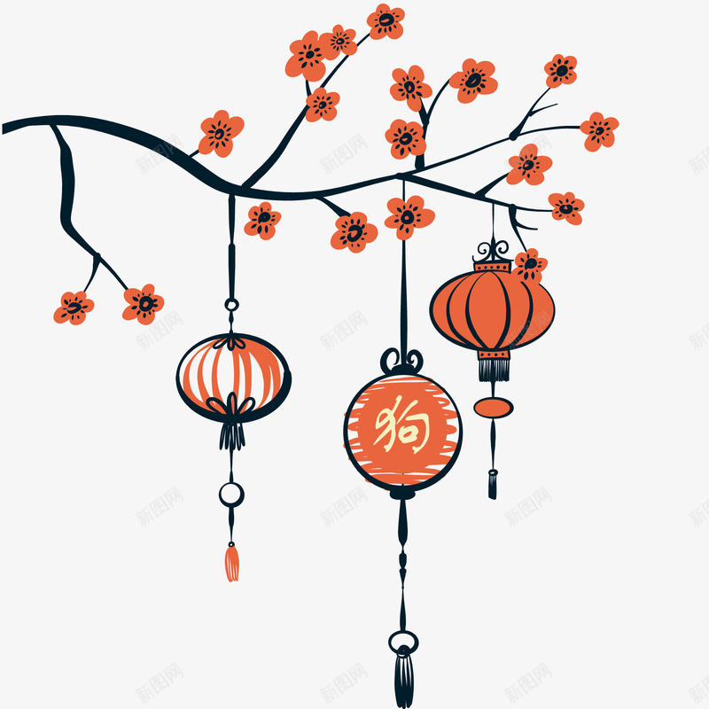 新年装饰手绘灯笼png免抠素材_新图网 https://ixintu.com 2018 新年 新春佳节 梅花 灯笼 狗年 装饰图案