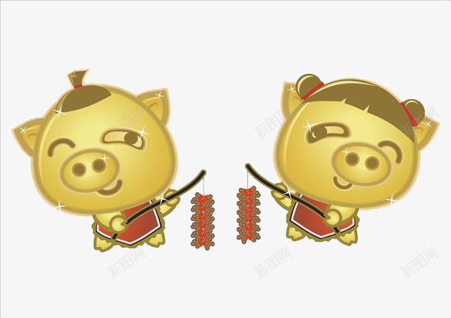 卡通金猪放烟花png免抠素材_新图网 https://ixintu.com 两个金猪 免扣金猪 卡通 小孩放烟花 金猪放烟花 金色 鞭炮