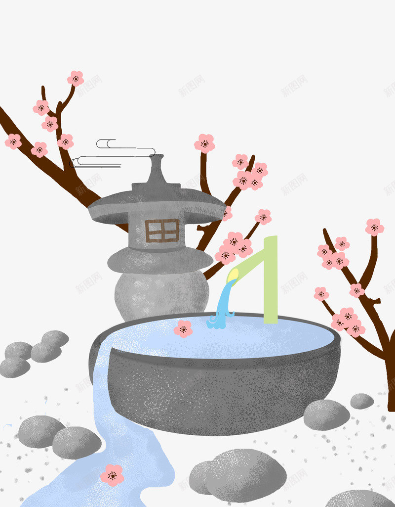 春季复古水池梅花装饰psd免抠素材_新图网 https://ixintu.com 复古 春季 梅花装饰 水池 水池大理石 石头 飘散的花朵