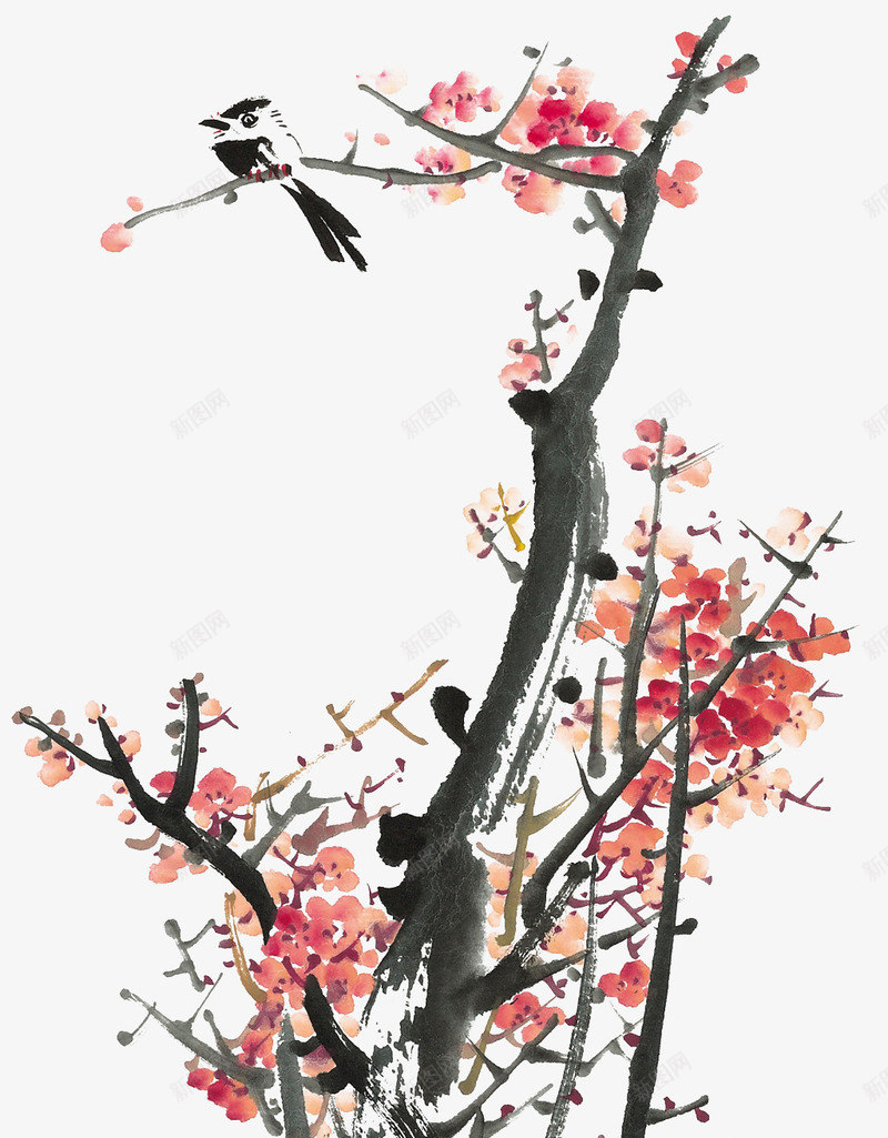 梅花上面的鸟儿png免抠素材_新图网 https://ixintu.com 免费下载 梅花 梅花瓣 水墨梅花 鸟儿