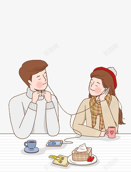 手绘减压听音乐png免抠素材_新图网 https://ixintu.com 休息 减压 听音乐 听音乐的两个人 放松 耳机