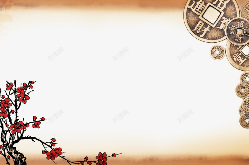 中国风复古背景png免抠素材_新图网 https://ixintu.com 中国风 复古 复古背景 复古风格 梅花 红色梅花 铜币 铜板