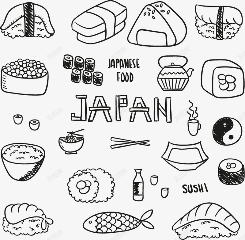 日本餐饮矢量图ai免抠素材_新图网 https://ixintu.com 寿司 清酒 米饭 鱼 矢量图