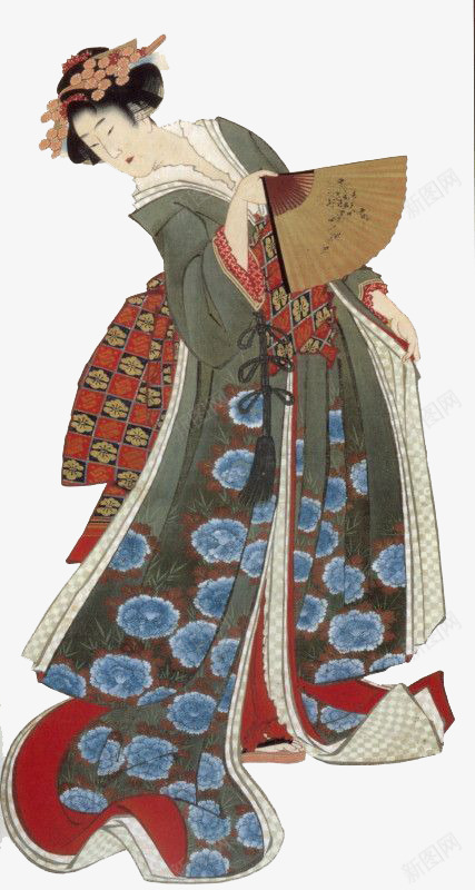手绘女人png免抠素材_新图网 https://ixintu.com 和服 大和文化 扇子 日本 起舞女人