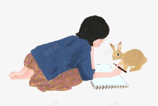 卡通写字女孩png免抠素材_新图网 https://ixintu.com 做作业 兔子 日记 鞋子