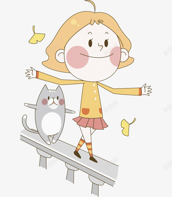 手绘调皮女孩图png免抠素材_新图网 https://ixintu.com 卡通 危险的 小猫 枫叶 玩耍的 调皮的 走墙头