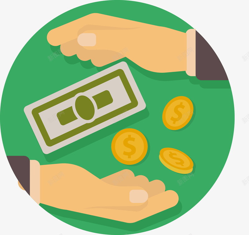 金融圆形交易货币图标矢量图ai_新图网 https://ixintu.com 交易 图标 圆形 手 手势 手臂 纸币 绿色 货币 金币 金融 钱票 矢量图