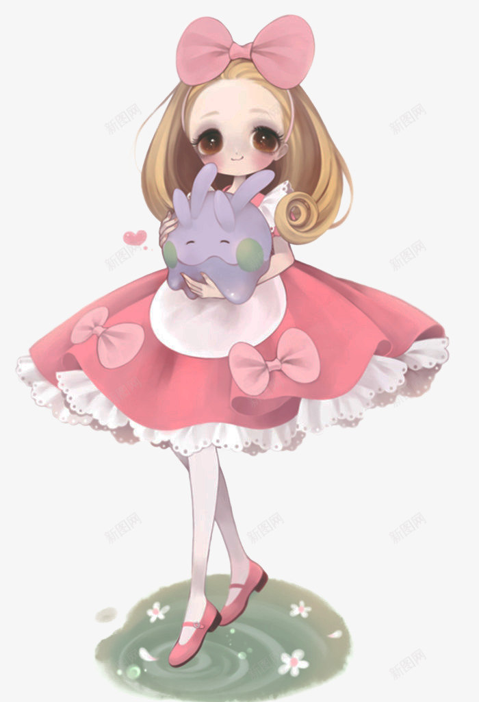手绘粉色女孩png免抠素材_新图网 https://ixintu.com 可爱女孩 手绘女孩 抱着兔子的女孩