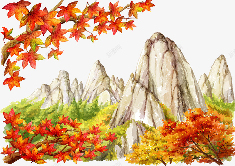 枫叶和山丘png免抠素材_新图网 https://ixintu.com 大山 山丘 枫叶 水彩风景 水彩风景画 高山