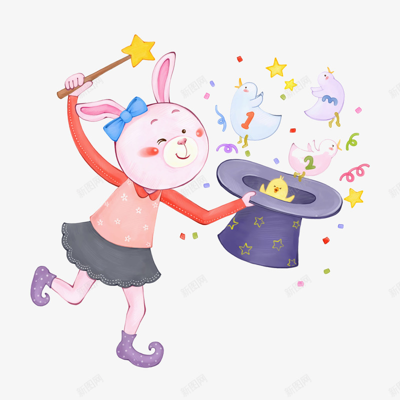变魔术的兔子png免抠素材_新图网 https://ixintu.com 兔子 卡通 变魔术 小鸟 手绘 魔法棒