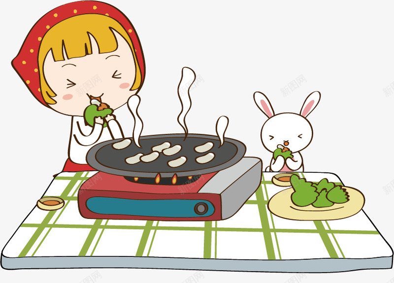 吃烧烤卡通图矢量图ai免抠素材_新图网 https://ixintu.com 兔子 卡通动漫 卡通女孩 吃烧烤 矢量图