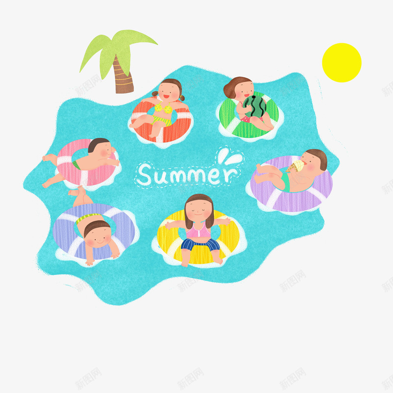 夏日场景png免抠素材_新图网 https://ixintu.com 夏日 手绘 椰树 水滴 游泳圈 游泳池 艺术字 蓝色