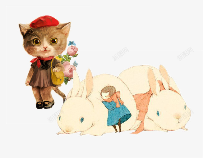 水彩插画psd免抠素材_新图网 https://ixintu.com 兔子 动物 卡通 插画 水彩 猫咪